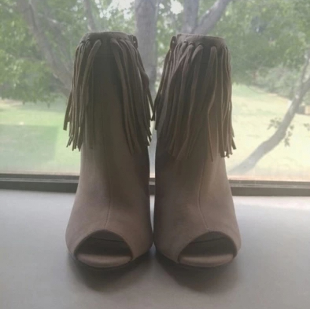 Beige open toe booties